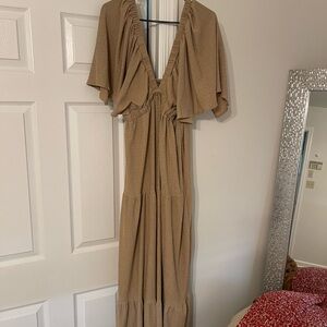 Amazon Tan Flutter Sleeve Plunge Maxi Gown
